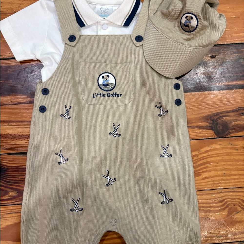 Vintage Little Golfer Tan Overalls and Hat Set